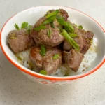 Japanese beef cubes drizzled with soy-wasabi sauce in this super easy recipe