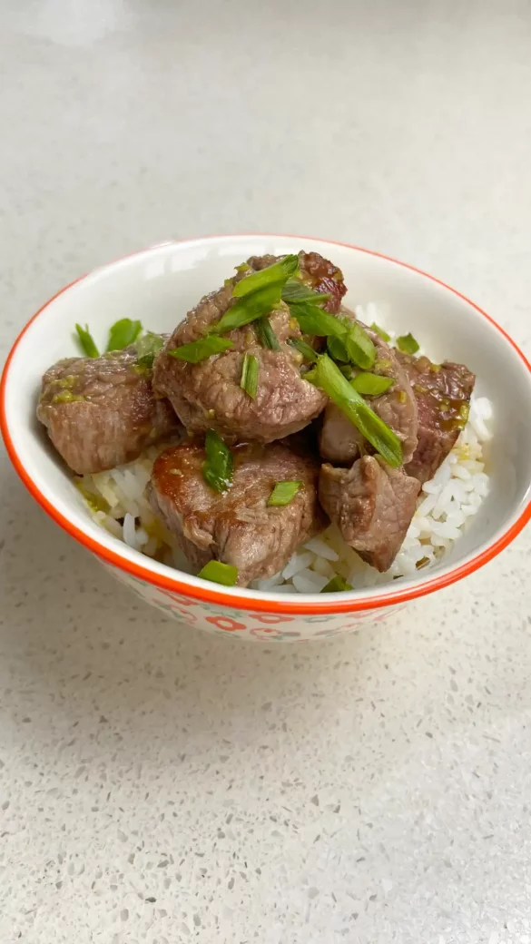 Japanese beef cubes drizzled with soy-wasabi sauce in this super easy recipe