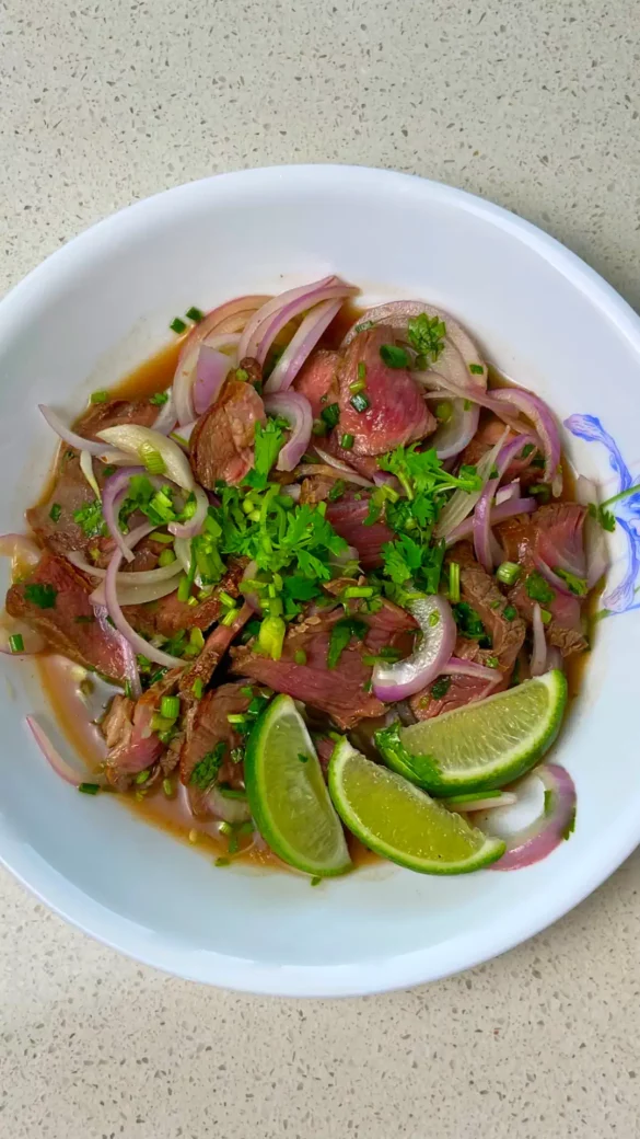 Thai Beef Salad, with medium rare beef and a zesty, light and refreshing flavor