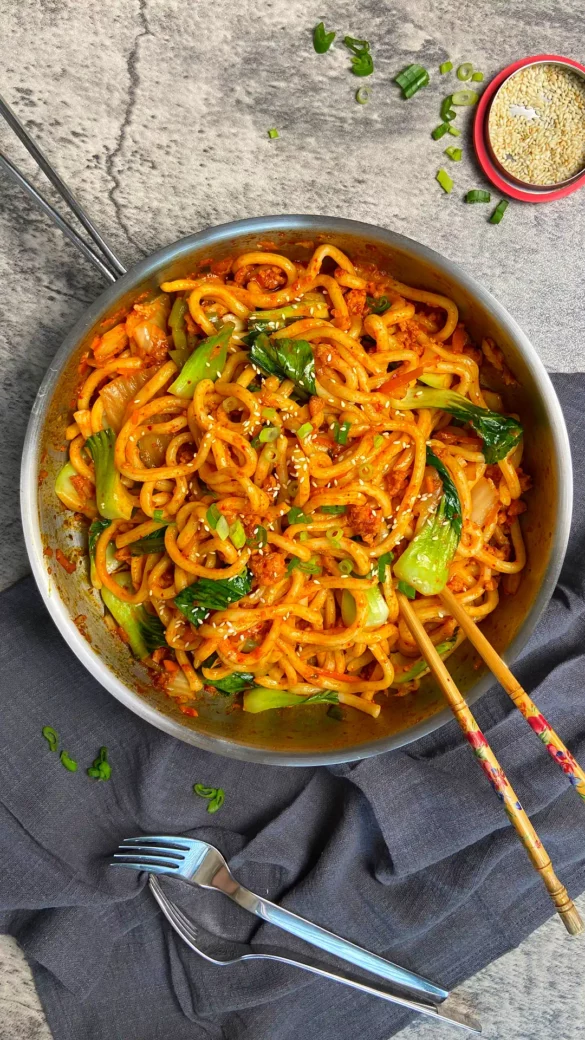 Bacon Kimchi Stir Fry Udon that is spicy, savory and deliciously Korean!