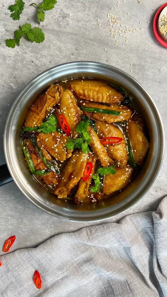 Sesame Oil Chicken Wings, braised in a pan with sesame oil and ginger and a delicious sweet savoury sauce