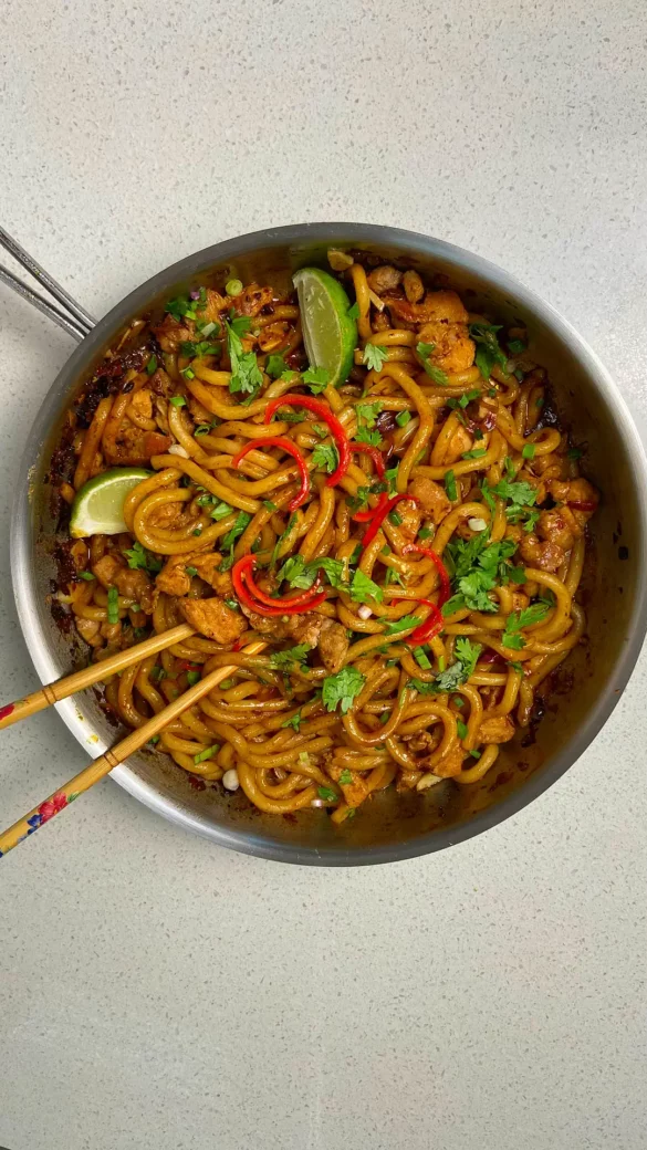 Spicy and Umami Pork Belly Udon, inspired by Dan Dan Noodles