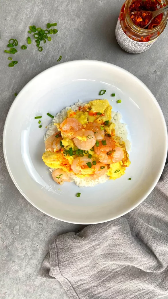 10-Minute Prawn and Egg, eaten over fluffy white rice, so simple and delicious