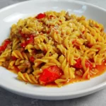 One Pot Beef Tomato Pasta, made with chicken broth in only 20 minutes!